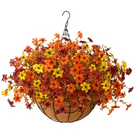 Artificial Faux Hanging Flowers Plants Basket for Outdoor Fall Decoration,Fake Silk Daisy in Planter UV Resistant Realistic for Outside Home Porch Patio Yard Balcony Autumn Decor(Orange Brown Yellow)