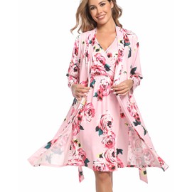 QTECLOR Mommy Robe for Maternity with Matching Swaddle Blanket, Delivery Labor Robe for Hospital Women Dress (US, Alpha, X-Large, Regular, Regular, 5SetA01Pink)