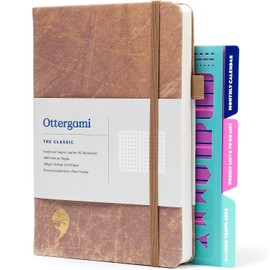 Ottergami The Classic Notebook, A5 Dotted 150 gsm Paper, Polka Dot, Bullet, Grid Journal with Stencils, Brown leather