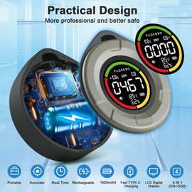 Pildegro 4-in-1 Portable Carbon Monoxide and Carbon Dioxide Detector, Upgraded Rechargeable Travel CO & CO2 Monitor 3-Day Standby, Premium Real-Time CO & CO2 Alarm for Air Safety & Quality (Grey)