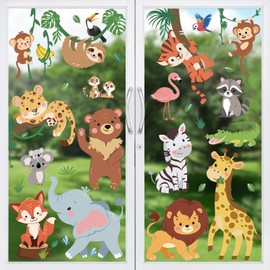 wondever Jungle Animal Window Clings Safari Elephant Giraffe Lion Sticker Decal Anti Collision Double-Side Static Window Stickers for Home Glass Window