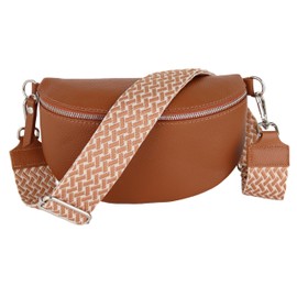 MIRROSI® Women's Bum Bag, Genuine Leather, Made in Italy, Shoulder Bag, Chest Bag, Crossbody Bag (1 Bag & 2 Straps), Cognac (braid)