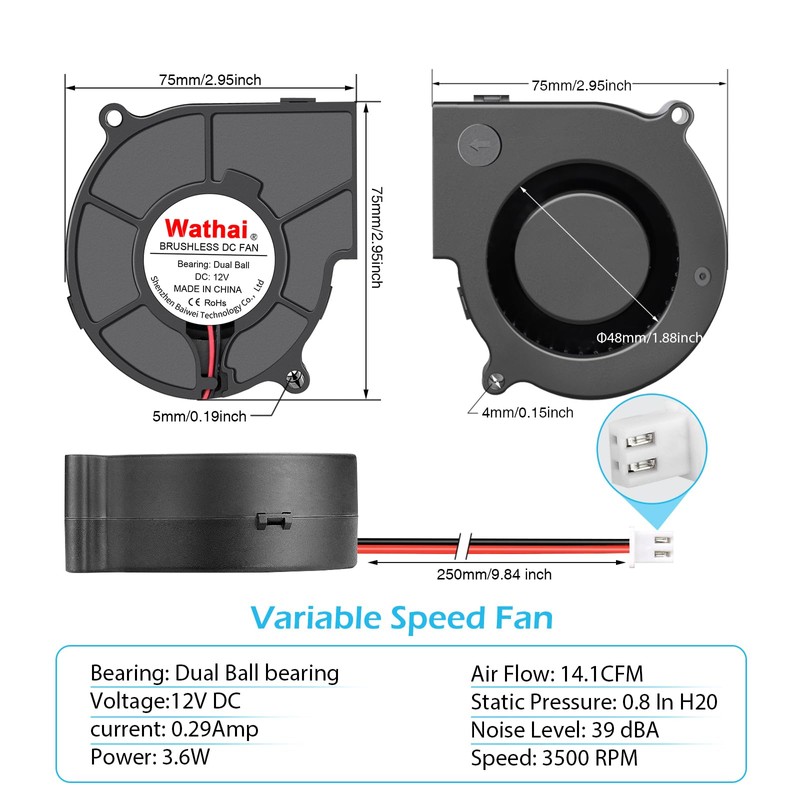 Wathai 75mm x 30mm 12V Blower Cooling Fan Dual Ball