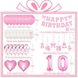 Miidenks Pink Bow 10th Birthday Decorations Girl Kit: Pink Bow Themed Happy Birthday Party Supplies with Banner, Balloons, Hanging Swirls
