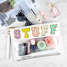 Morcheiong Chenille Letter Bag Cute Clear Zipper Stuff Pouch Portable Multi-purpose PVC and Nylon Makeup Bag with Handle for Travel School Gym Beach（White Stuff）