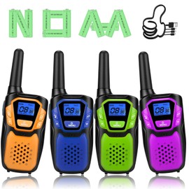 Topsung Walkie Talkies 4 Pack Rechargeable,Easy to Use Family Walky Talky Toy for 3-12 Years Old Boys and Girls Birthday for Camping Hiking Outdoor with Regular Micro-USB Cable and Battery