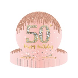 YAAVAAW Happy 50th Birthday Paper Plates 9'' Rose Gold, 16Pcs Womens Party Disposable Tableware, 50th Decorations for Women, Her Supplies Table