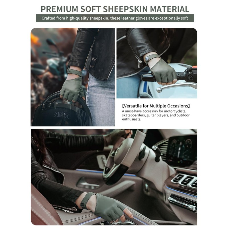 FIORETTO Women's Fingerless Leather Gloves for Driving & Motorcycle, Green