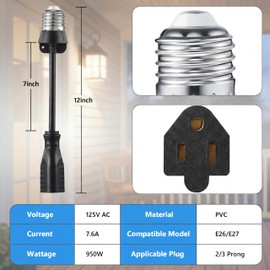 Feekoon 1 Pack 3 Outlet Light Socket Adapter, Convert E26/E27 Bulb Socket to 3 Prong Outlet with Extension Cord, Light Bulb Plug Adapter Converter Suitable for Outdoor Porch Garage Patio Use (Black)