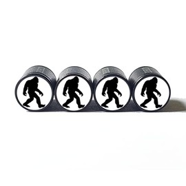Bigfoot Sasquatch Silhouette (White Background) Tire Valve Stem Caps - Black Aluminum - Set of Four