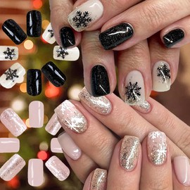 BABALAL Christmas Press on Nails Short Square, 2 Packs 48Pcs Black White Fake Nails with Cute Snowflake Glitter Design Glossy Bling Acrylic Nails Full Cover Stick on Nails for Women Nail Art DIY