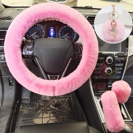 ZYNQACC 4PCS Set Fluffy Steering Wheel Covers with Handbrake Cover&Gear Shift Cover&Plush Keychain Faux Wool Furry Steering Wheel Cover For Women Auto Interior Universal Fit for 15 Inch (Light pink)