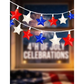 20-Light Patriotic Star String Lights, Red White and Blue LED Star Lights