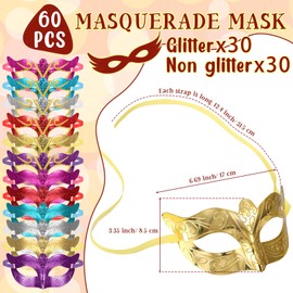 VioraWhite 60 Pack Multicolored Masquerade Mask Gold Shining Plated Mardi Gras Mask for Purim Mardi Gras Wedding Party(Multicolor,Glitter and Pure)