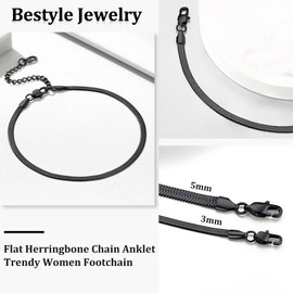 Bestyle Stainless Steel Women's Anklet in Trendy Snake Design Summer Accessory, Width 3 mm / 5 mm, Adjustable 22 + 5 cm, Silver/Gold/Rose Gold/Black, Stainless Steel