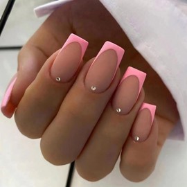 24 Pcs French Tip Press on Nails Square Medium Fake Nails Pink Nail Square Glue on Nails Full Cover Crystal Diamond Stick on Nails Design Frosting False Nails Acrylic Nails for Women Or Girl Manicure