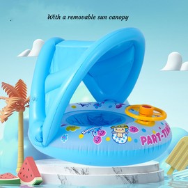 Inflatable Baby Swimming Ring with Sun Canopy for Children up to 15 kg, Removable Hood, Rotating Steering Wheel with Horn, Swimming Aid for Pool and Beach