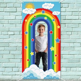 WADORN Rainbow Photo Door Banner, 2.9x5.9 Ft Colorful Striped Sky Cloud Birthday Party Phtography Backdrop Large Fabric Rainbow Face in Hole Hanging Door Cover Banner for Classroom Door Birthday