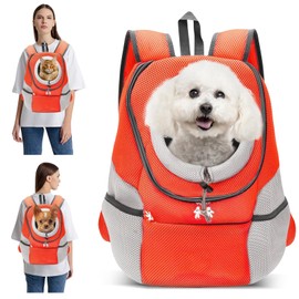 PETCUTE Breathable Pet Carrier Backpack for Small Dogs Cat Up to 6.8KG,Hands-Free Pet Travel Bag with Head-Out Design and Waterproof Bottom,Adjustable Cat Backpack for Hiking & Travel,Orange,M