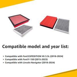 Engine & Cabin Air Filter For EXPEDITION V6 3.5L (2018-2024), F 150 (2015-2023), Navigator (2018-2024). Replace CF12150, CA10262