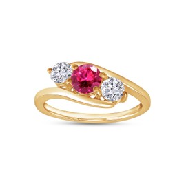 Wishrocks Round Cut Simulated Ruby & White Cubic Zirconia Three Stone Bypass Engagement Ring Jewelry For Women In 14k Yellow Gold Over Sterling Silver Ring Size- 10.5