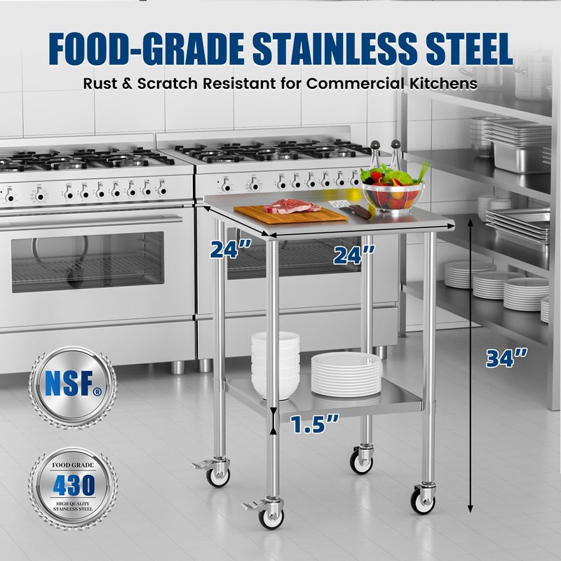 Chingoo Stainless Steel Work Table with Wheels, 24x24 Inch NSF