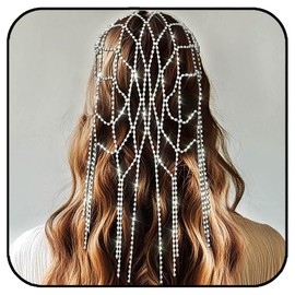 Formery Sparkly Rhinestone Mesh Headband Silver Crystal Fringe Headpiece Tassel Hair Extension Chain Accessories for Women