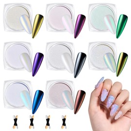 Beetles Chrome Nail Powder Metallic Mirror Effect, Holographic Aurora Mermaid Pearl Glitter, Chrome Powder for Gel Nails Manicure Nail Art Decoration 8 Colors 0.5g/Jar