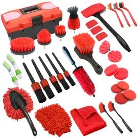 MIANYINGR 35Pcs Car Detailing Kit, Drill Brush Attachments with Detailing Brush Set and Tools Box, Red Auto Cleaning Kit Interior for Wheels, Dashboard, Windows