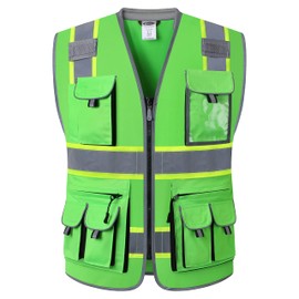 JKSafety 10 Pockets Hi-Vis Zipper Front Fluorescent Green Safety Vest | Cushioned Collar | High Reflective Tapes with Extended Neon Yellow Strips | Meets ANSI/ISEA Standards (5X-Large, 89-Green)