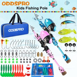 ODDSPRO Kids Fishing Pole - Kids Fishing Starter Kit - with Tackle Box, Reel, Practice Plug, Beginner's Guide and Travel Bag for Boys, Girls (2 pack (Blue+Light Pink), 1.5M 4.92Ft)