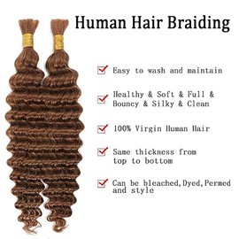 Jucames Real Hair Wefts, Deep Wave Human Braiding Hair Extension, Unprocessed Remy Hair Wefts, No Weft, Light Brown Colour, for Women, 18 / 18 Inches