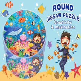 Ocean Puzzle for 3+ Year Olds, the Large Floor Underwater World Round Jigsaw for Toddler Children Ocean Theme Educational Toys for Boys Girls(71pcs 57cm)