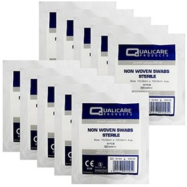 Qualicare None Woven 4PLY Sterile Gauze Medical Swabs Single Pack, 10cm x 10cm Sqaure - 10 Pack (50 Swabs)