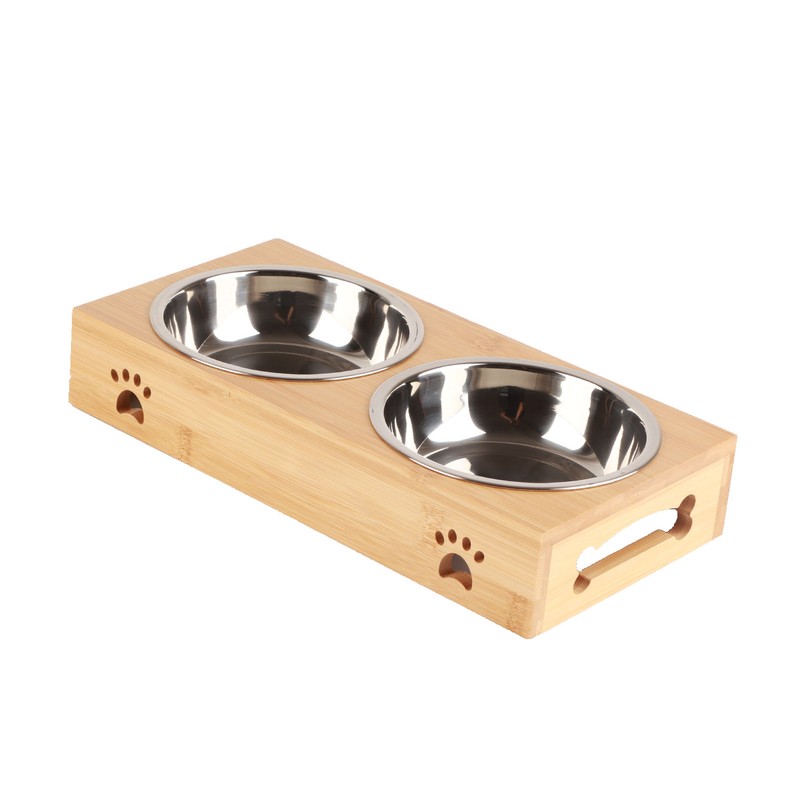 Bamboo Pet Double Bowl Cartoon Prevent Slipping Easy to Clean