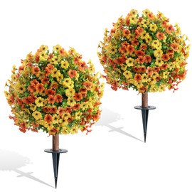 momoplant Artificial Fall Plants Flowers Set of 2 Faux Mums Topiary Ball Trees 24In Faux Silk Colorful Topiary with Ground Spike Fake Shrubs for Front Porch, Garden, Yard, Patio Decor (Yellow&Orange)