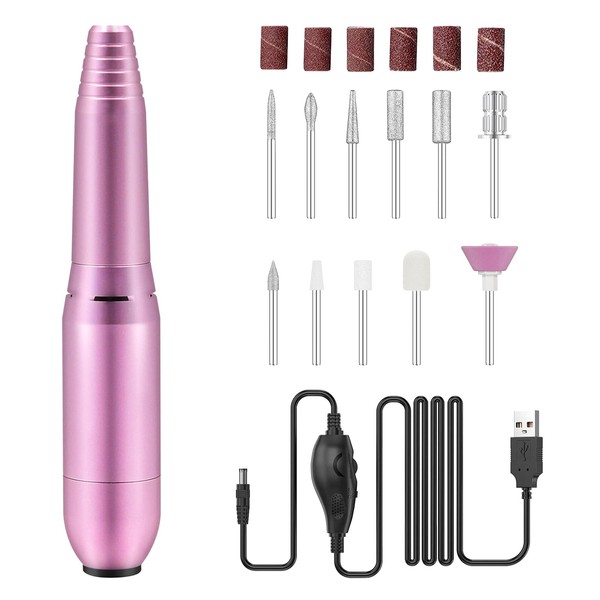 Pinkiou Electric Nail Files, Professional 20000 rpm, 11 Drills, Adjustable Speed, Electric Manicure Pedicure Set for Nail Beginners, Tech Women Girls (Pink)