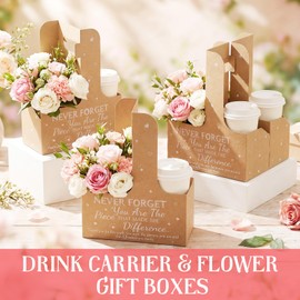 Rtteri 36 Set 2-Cup Disposable Drink Carrier Flower Gift Boxes with Handle Holiday Kraft Paperboard Coffee Cup Holder with Ribbon for Valentine Mother Teachers' Day Appreciation Gifts(Thanks,Kraft)