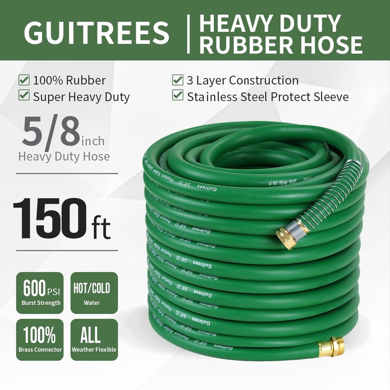 Guitrees 150ft 5/8 Heavy-Duty Rubber Garden Hose - 200psi Working,