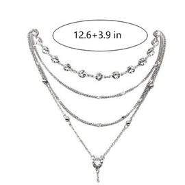 Zehope Layered Lariat Necklaces Silver Rhinestone Drop Necklace Long Crystal Choker Jewelry for Women and Girls