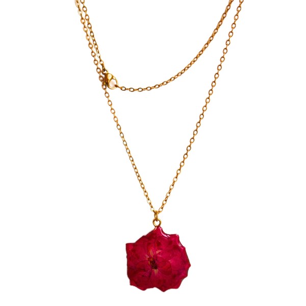 Handmade Real Dried Pressed Rose Flower Resin Necklace, Gold
