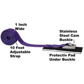 CustomTieDowns 1 Inch x 10 Foot Cinch Strap Tie Down, Protective Pad Under Cinch-Strap Cam Buckle, Endless (No Hooks). (Purple)