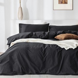 TIPTOE BEAR Queen Duvet Cover Set- 100% Washed Cotton 3 Pcs Soft Comfy Breathable Chic Linen Feel Bedding, 1 Duvet Cover and 2 Pillow Shams, Black