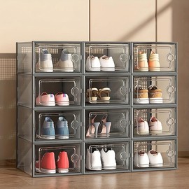 6/12pcs Thickened Plastic Transparent Shoe Boxes With Lid, Foldable Stackable, Free Combination, Space Saving Storage Organizer - Color: Gray, Size: 6pcs