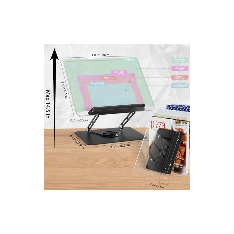 HAUTOCO Adjustable Acrylic Book Stand for Reading, 360° Rotating Base,