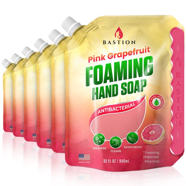 Bastion Foaming Hand Soap Refills (6) 32oz Pouch Pink Grapefruit Scented Antibacterial Hand Wash Refill - Bulk Hand Soap - Made In The USA.