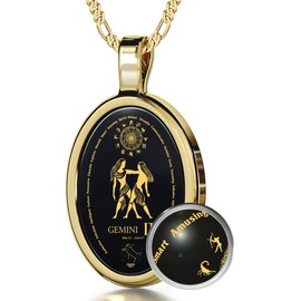 Gold Plated Silver Gemini Necklace Zodiac Pendant Gift for Women Birthday Jewelry 21st May - 21st June Gold Inscribed on Onyx, 18" Rolo Chain
