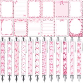 Dispowreath 24 Pcs Pink Bow Sticky Notes with Pens Coquette Bow Themed Self Adhesive Notepad Black Ink Ballpoint Pen Office Supplies Coquette Gift for Birthday, Bachelorette, Bridal, Engagement