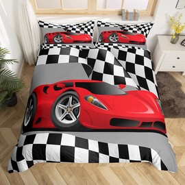 Sports Car Bedding Set Red Racing Car Comforter Cover for Kids Boys Girls Teens Extreme Sports Theme Duvet Cover Race Sports Car Bed Set Black and White Grid Room Decor Twin Size (No Comforter)