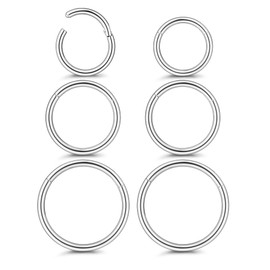 FIOROYAL 6Pcs 18g G23 Titanium Hinged Clicker Nose Rings Seamless Cartilage Hoop Earrings for Men Women 8-12MM Silver